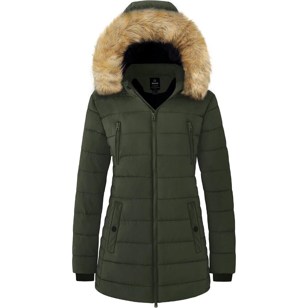 Women's Winter Snowy Weather Warm Puffer Jacket Coat Army Green Fur Puffer Hood